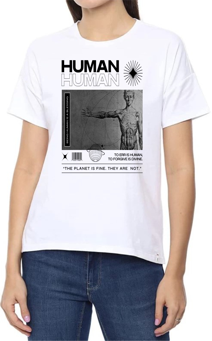 Human (BLK) Round Neck Women White T-Shirt