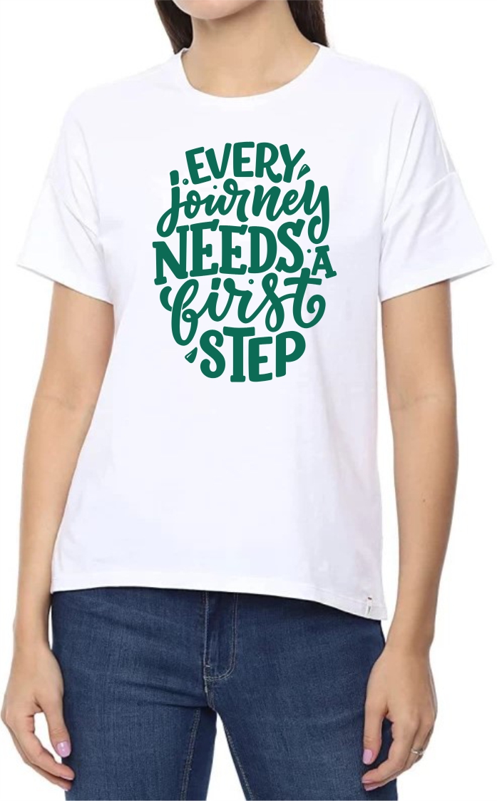 Journey (GREEN) Round Neck Women White T-Shirt