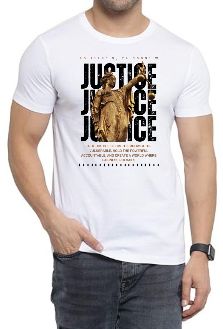 Justice (BROWN) Round Neck Men White T-Shirt