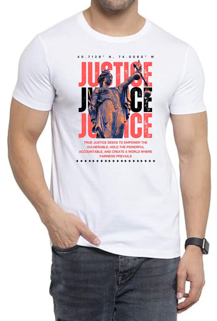 Justice (RED) Round Neck Men White T-Shirt