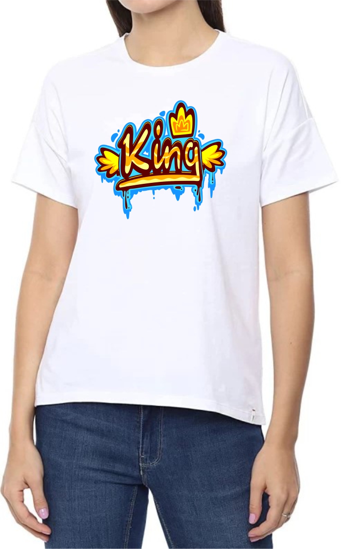 King Round Neck Women White T-Shirt