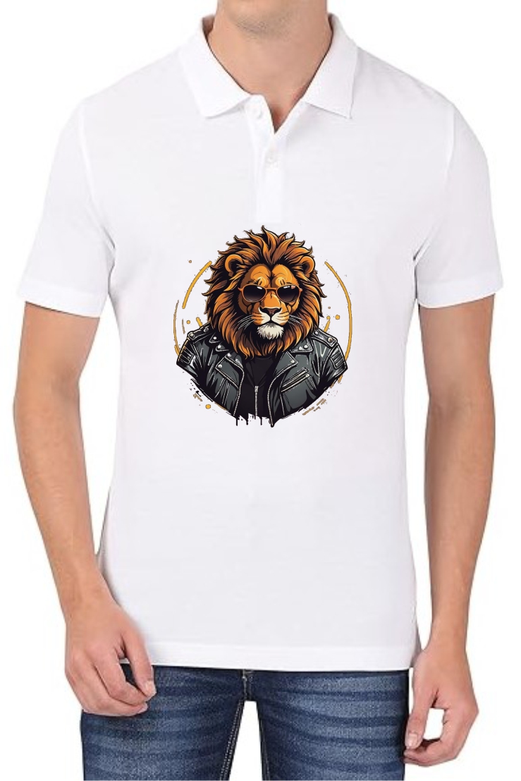 Lion Face Polo Men White T-Shirt