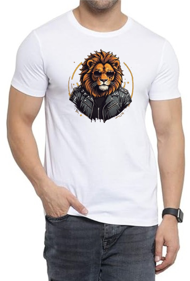 Lion Face Round Neck Men White T-Shirt