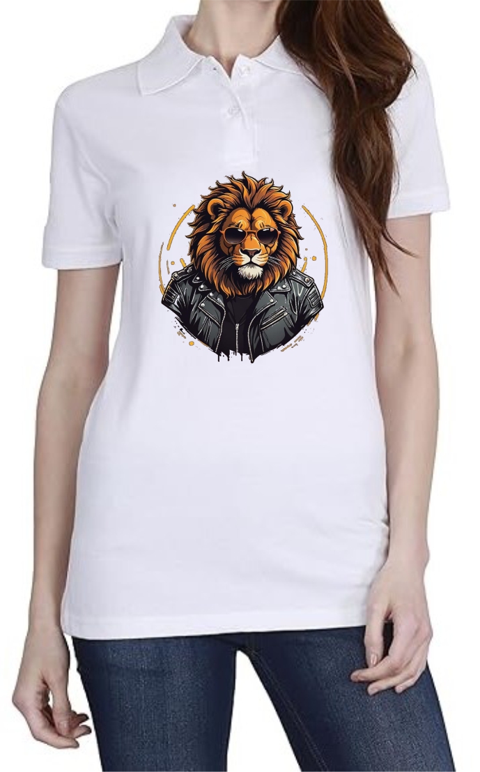 Lion Face Polo Women White T-Shirt
