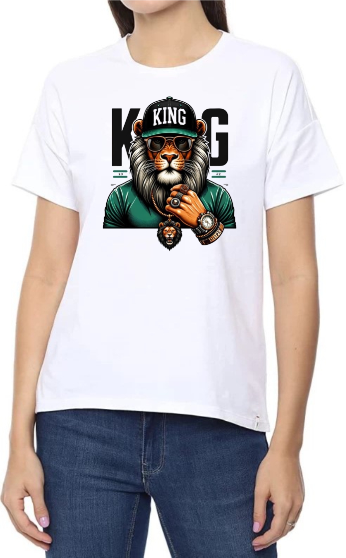 Lion King Round Neck Women White T-Shirt