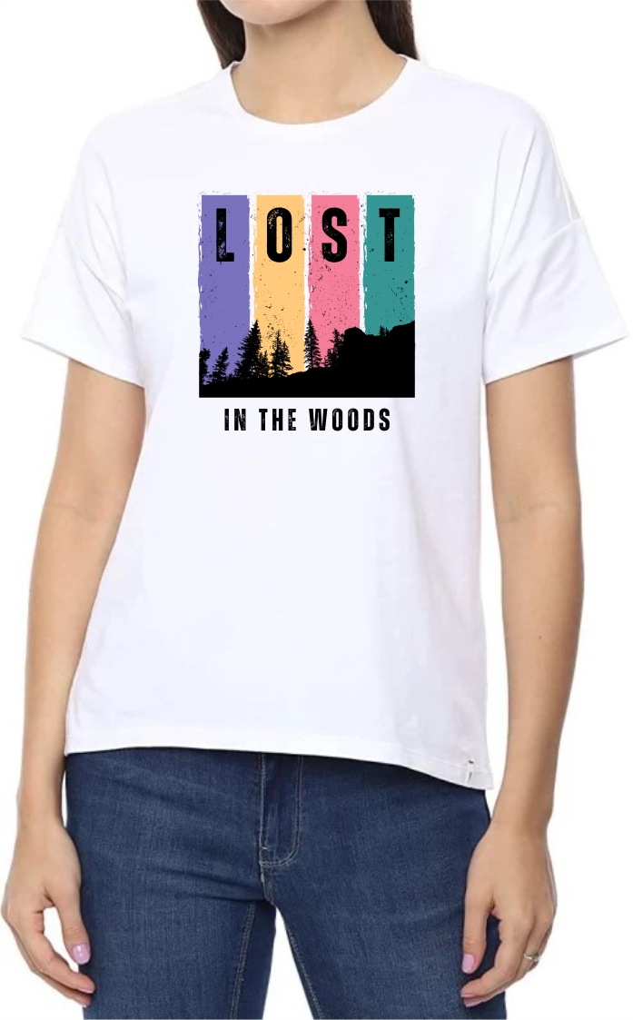 Lost In Woods Round Neck Women White T-Shirt