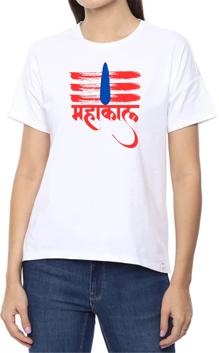Mahakaal (RED) Round Neck Women White T-Shirt