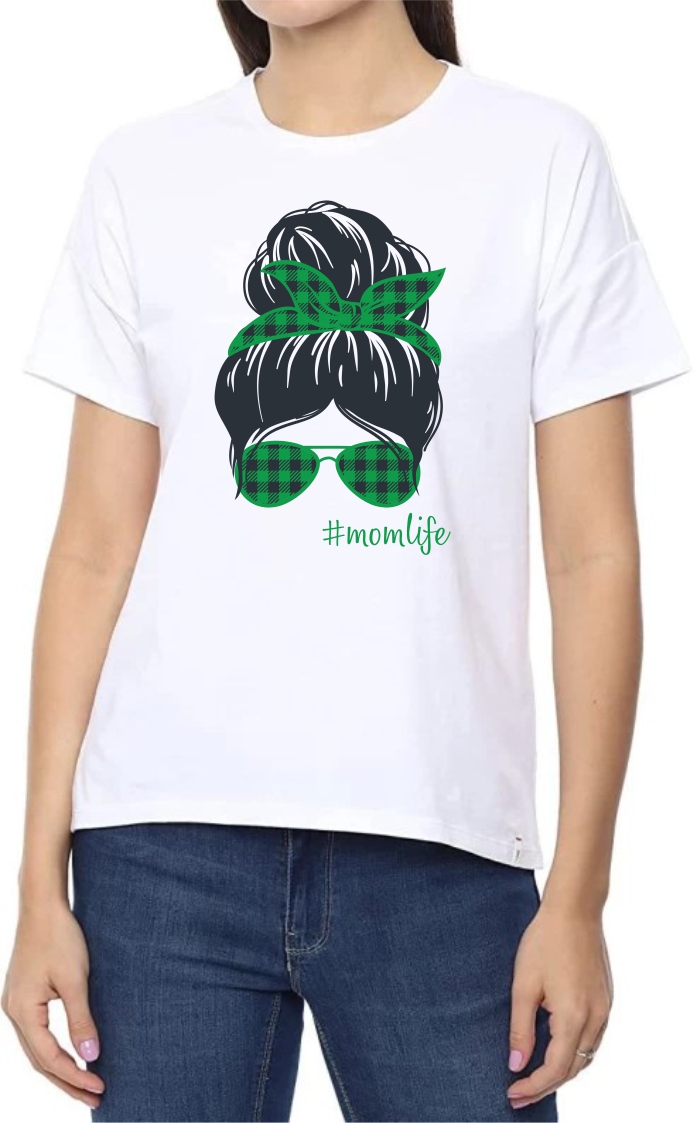 Mom Life (GREEN) Round Neck Women White T-Shirt