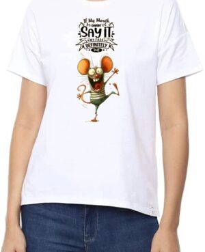 Mouth Face Round Neck Women White T-Shirt
