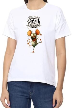Mouth Face Round Neck Women White T-Shirt
