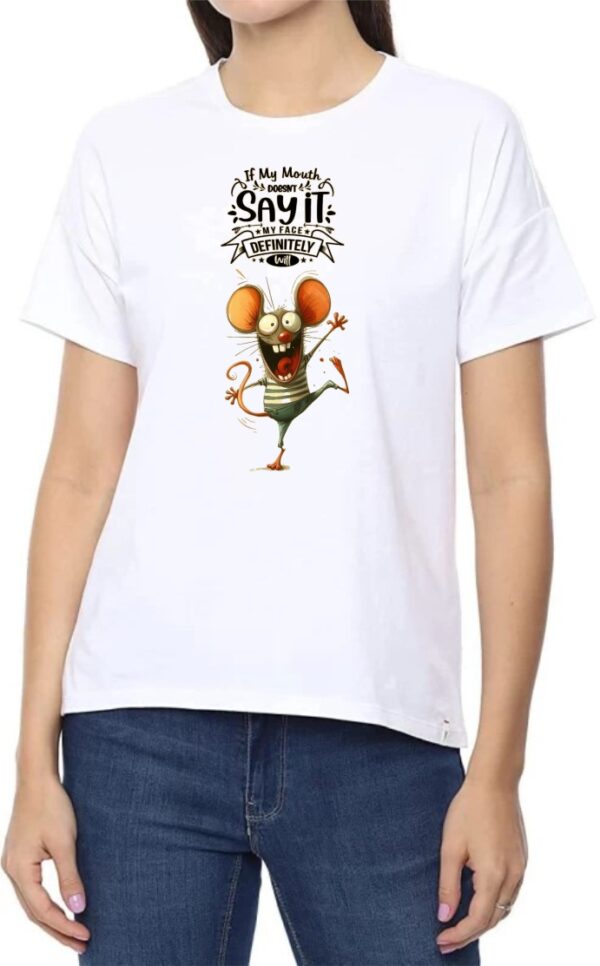 Mouth Face Round Neck Women White T-Shirt