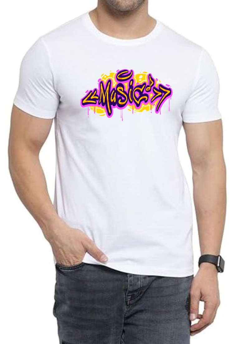 Music Round Neck Men White T-Shirt