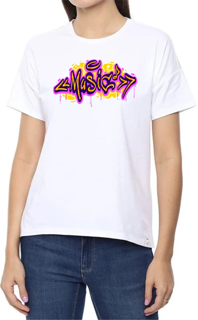 Music Round Neck Women White T-Shirt