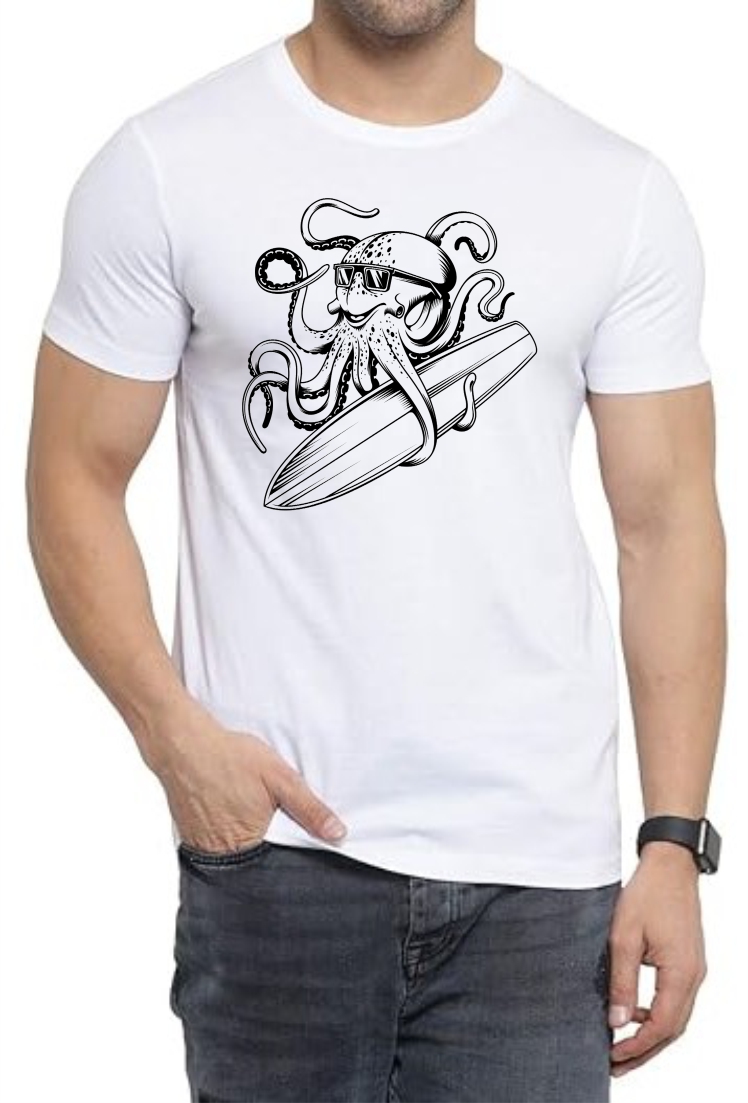 Octopus Round Neck Men White T-Shirt