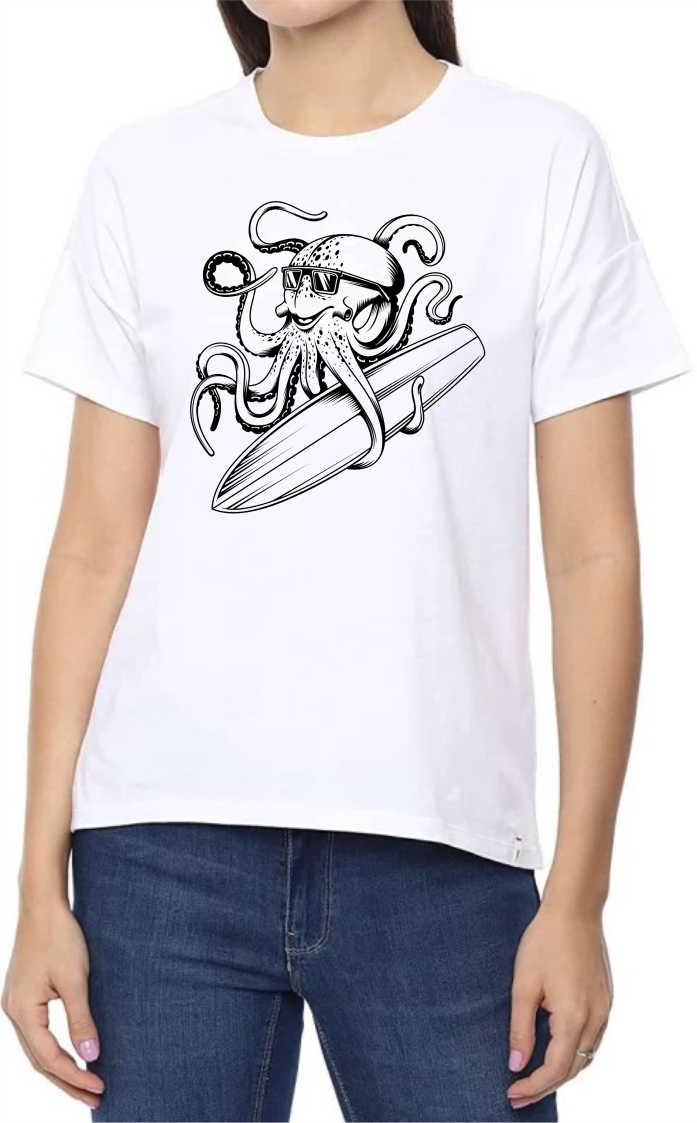 Octopus Round Neck Women White T-Shirt