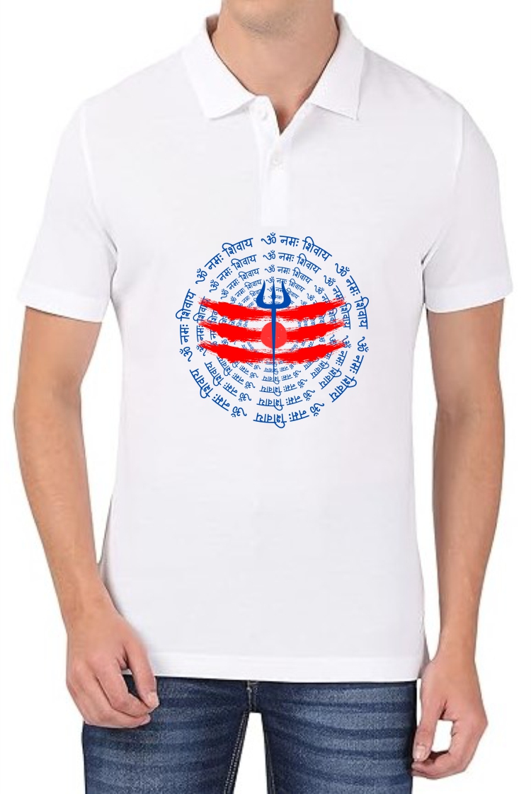 Om Namah Shivaay (BLU) Polo Men White T-Shirt