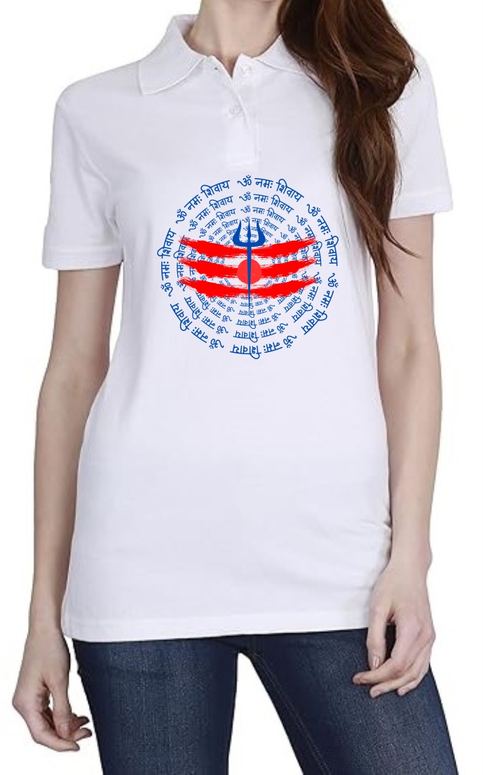 Om Namah Shivaay (BLU) Polo Women White T-Shirt