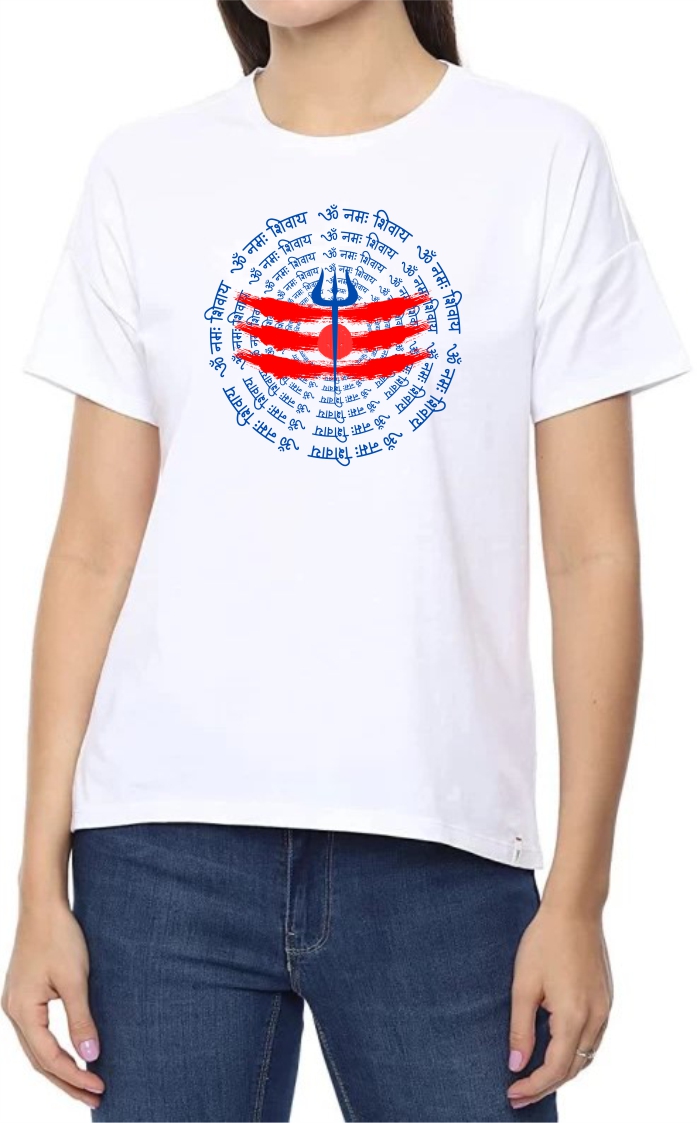 Om Namah Shivaay (BLU) Round Neck Women White T-Shirt