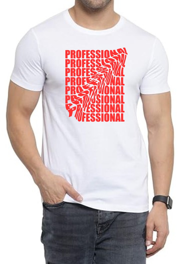 Professional (RED) Round Neck Men White T-Shirt