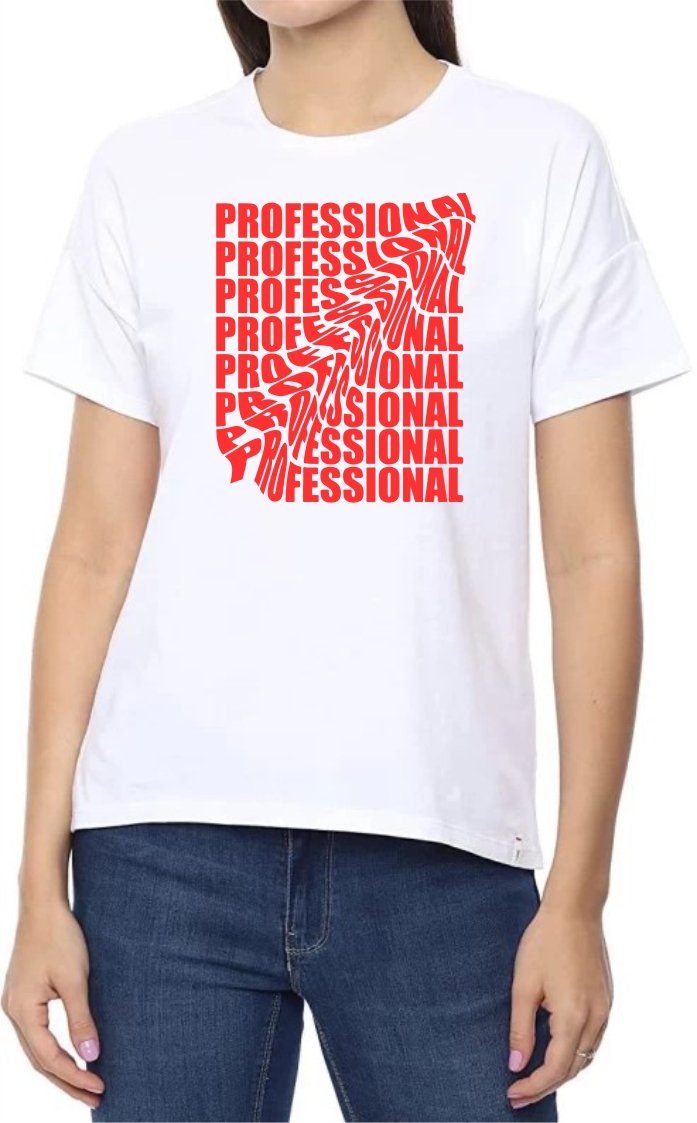 Professional (RED) Round Neck Women White T-Shirt