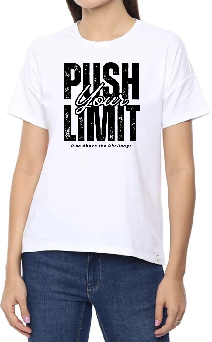 Push Limit (BLK) Round Neck Women White T-Shirt