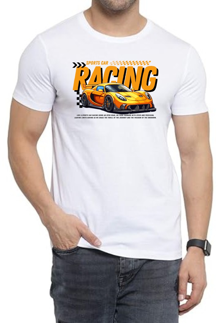 Racing1 Round Neck Men White T-Shirt