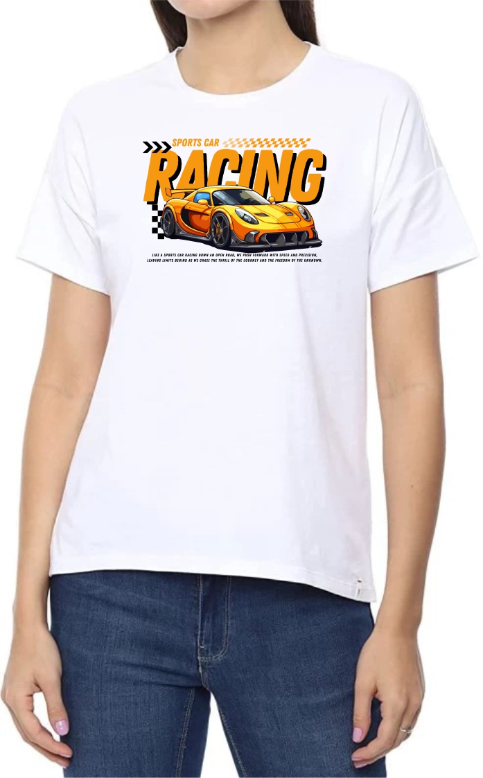 Racing1 Round Neck Women White T-Shirt