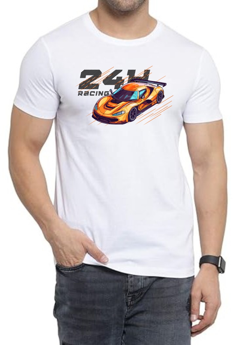 Racing Round Neck Men White T-Shirt
