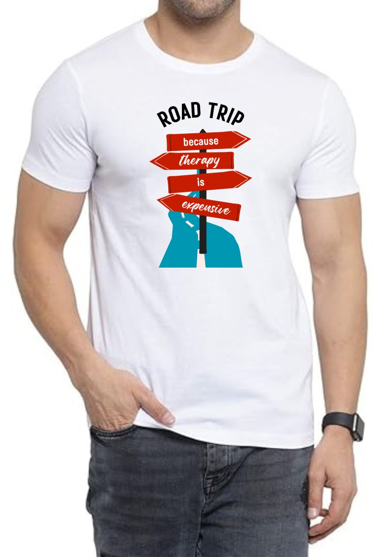 Road Trip Round Neck Men White T-Shirt