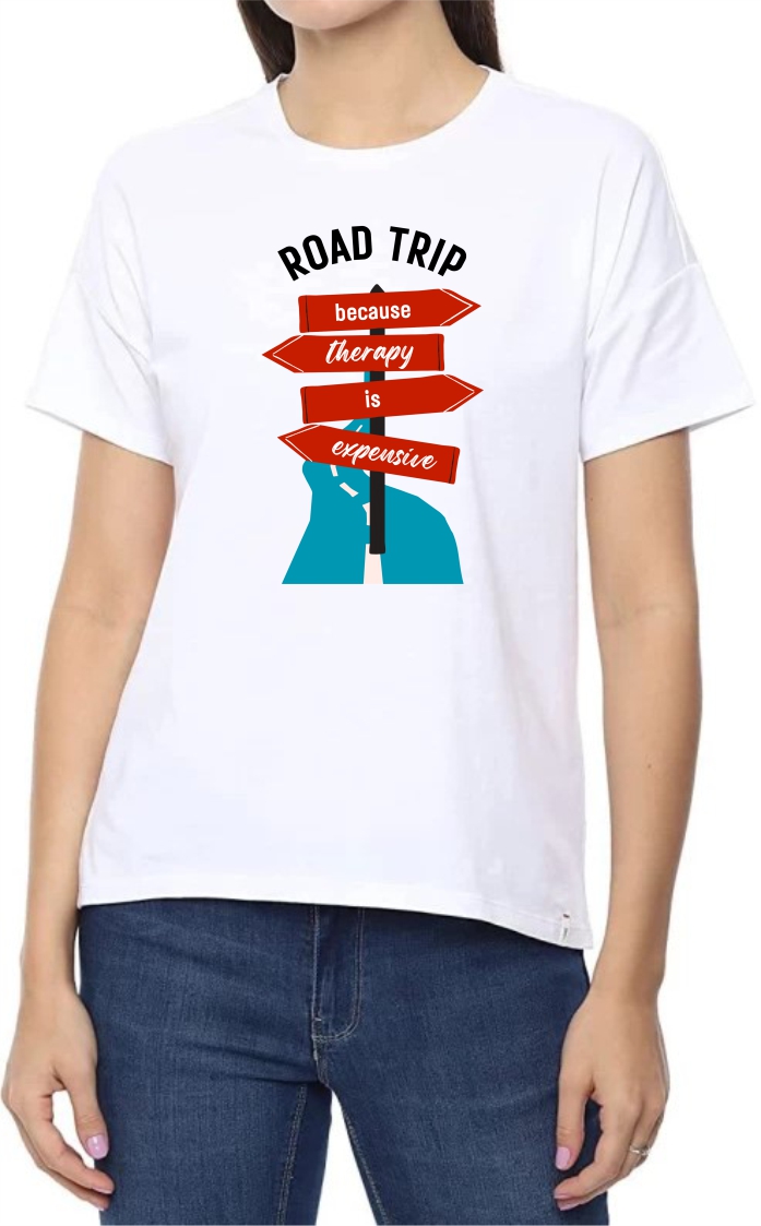 Road Trip Round Neck Women White T-Shirt
