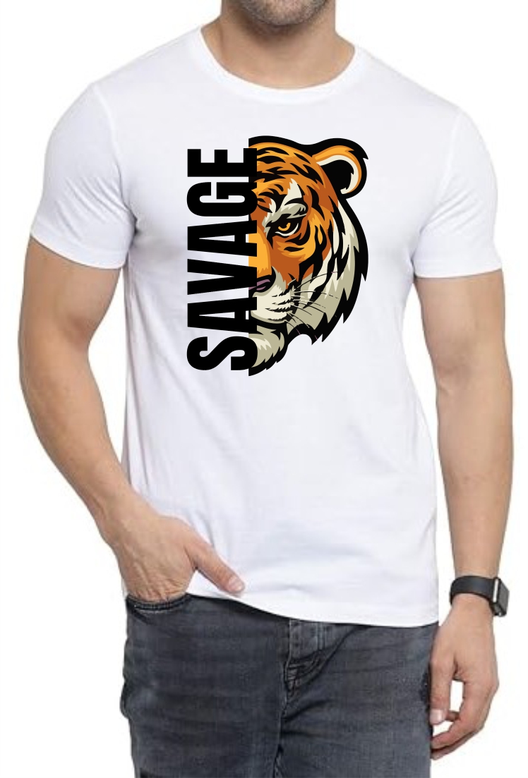 Savage (BLK) Round Neck Men White T-Shirt