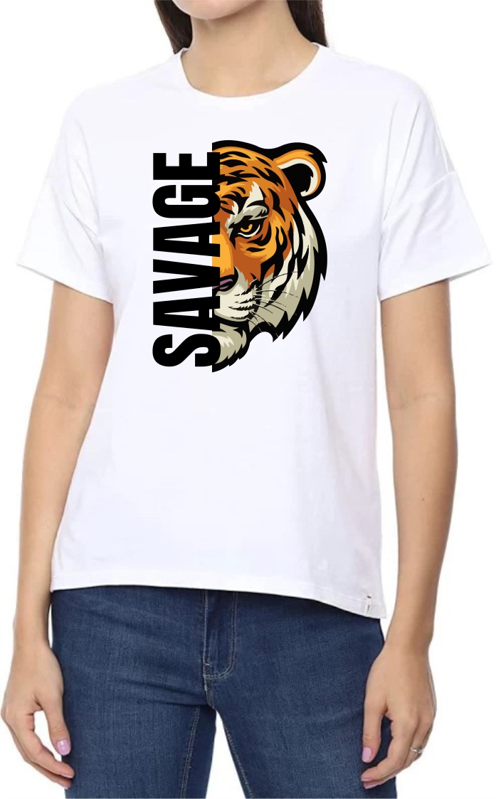 Savage (BLK) Round Neck Women White T-Shirt