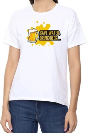 Save Water Round Neck Women White T-Shirt