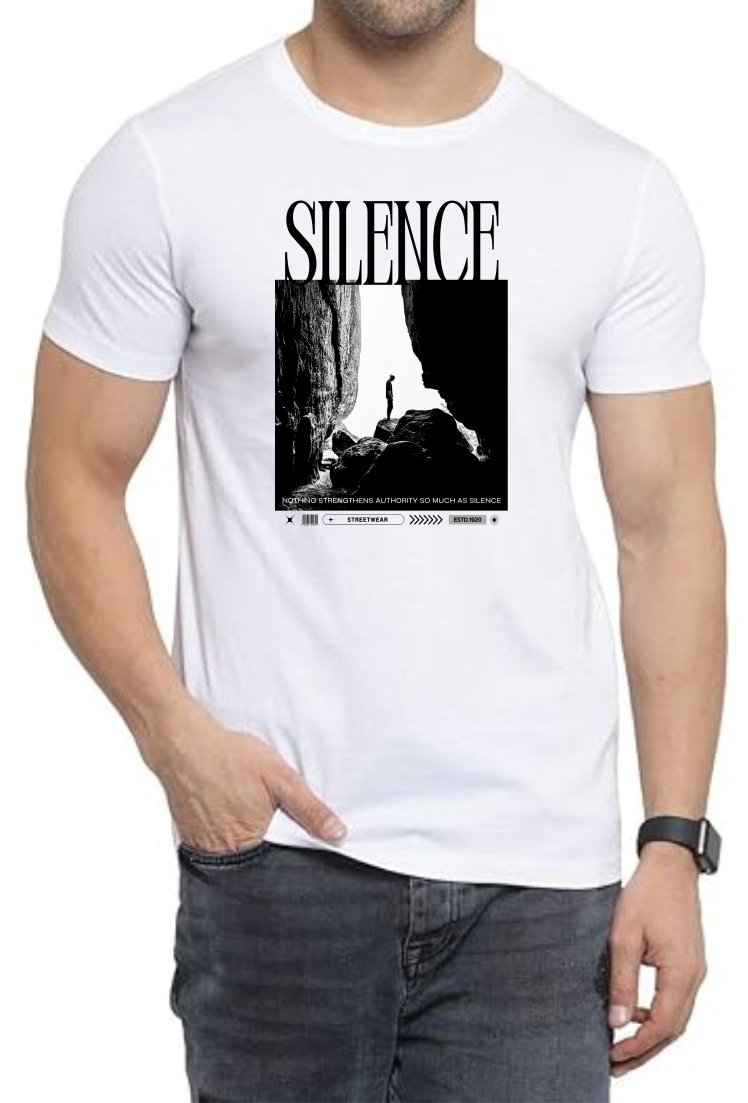 Silence (BLK) Round Neck Men White T-Shirt