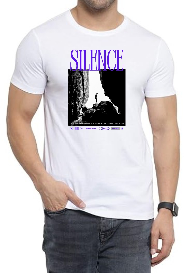 Silence (BLU) Round Neck Men White T-Shirt