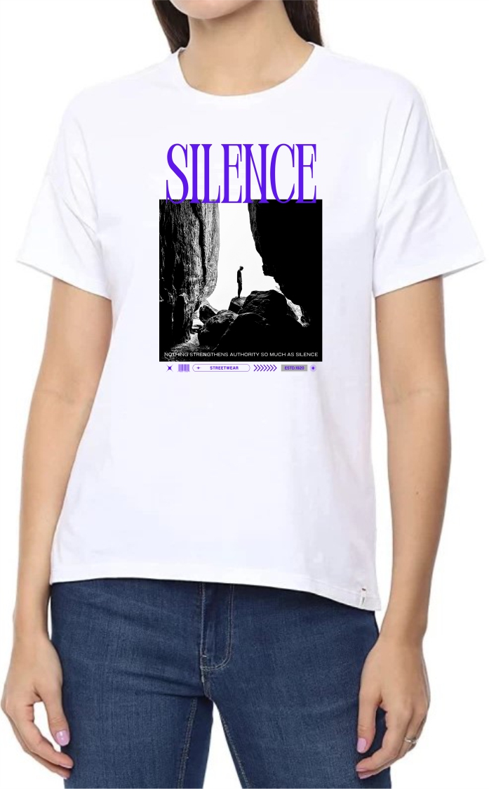 Silence (BLU) Round Neck Women White T-Shirt