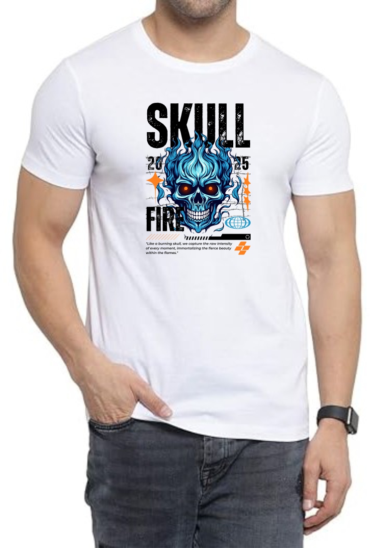 Skull (BLK) Round Neck Men White T-Shirt