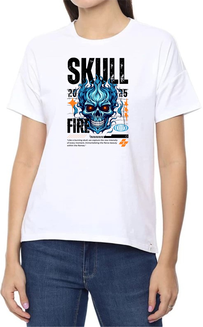 Skull (BLK) Round Neck Women White T-Shirt