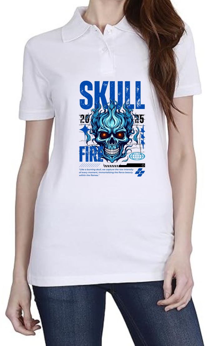 Skull (BLU) Polo Women White T-Shirt