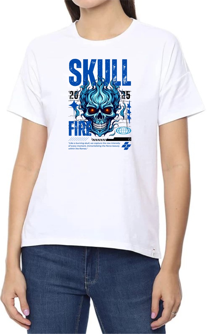 Skull (BLU) Round Neck Women White T-Shirt