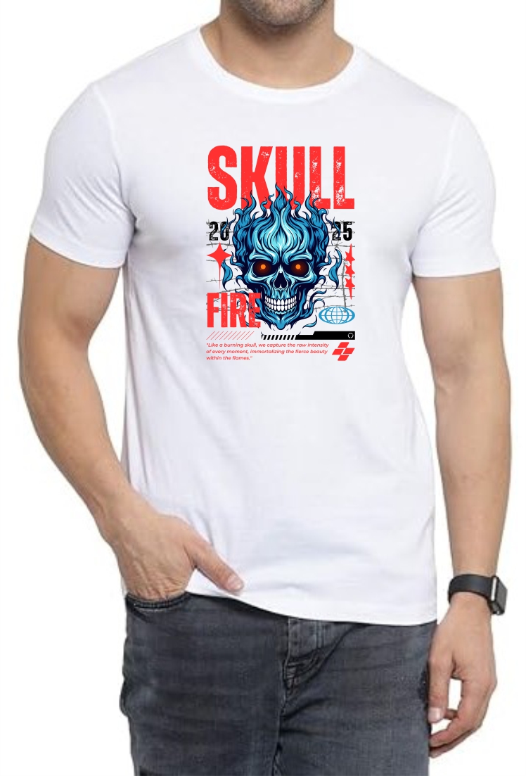 Skull (RED) Round Neck Men White T-Shirt