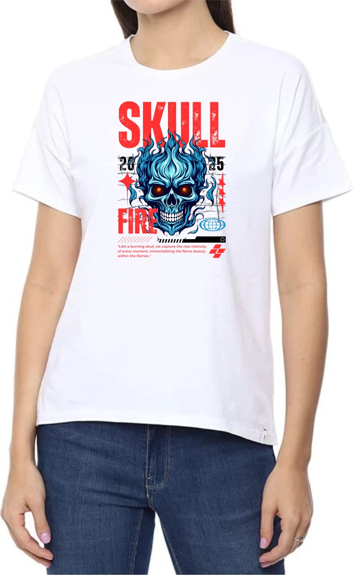Skull (RED) Round Neck Women White T-Shirt