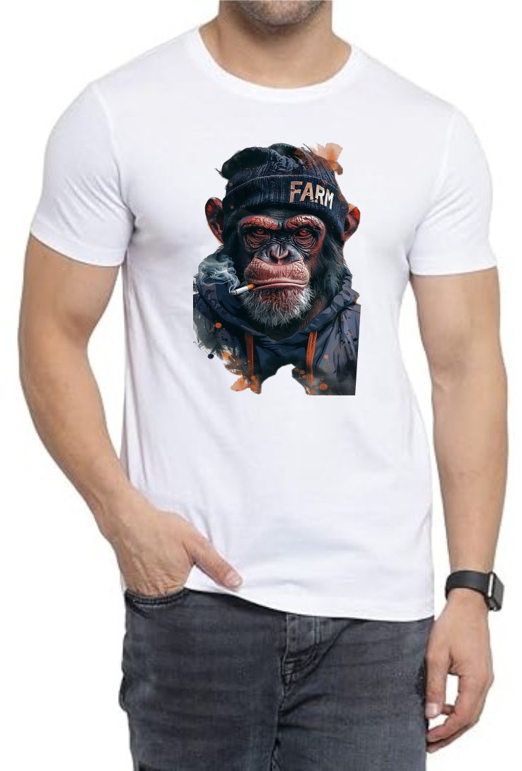 Smoking Gorilla Round Neck Men White T-Shirt
