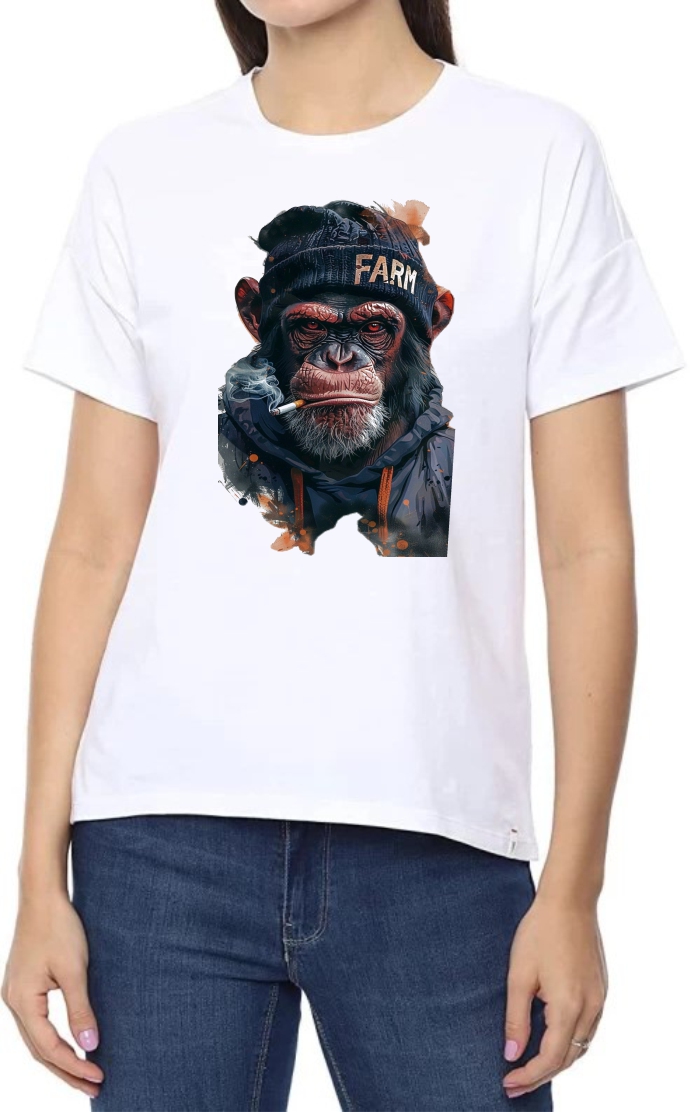 Smoking Gorilla Round Neck Women White T-Shirt