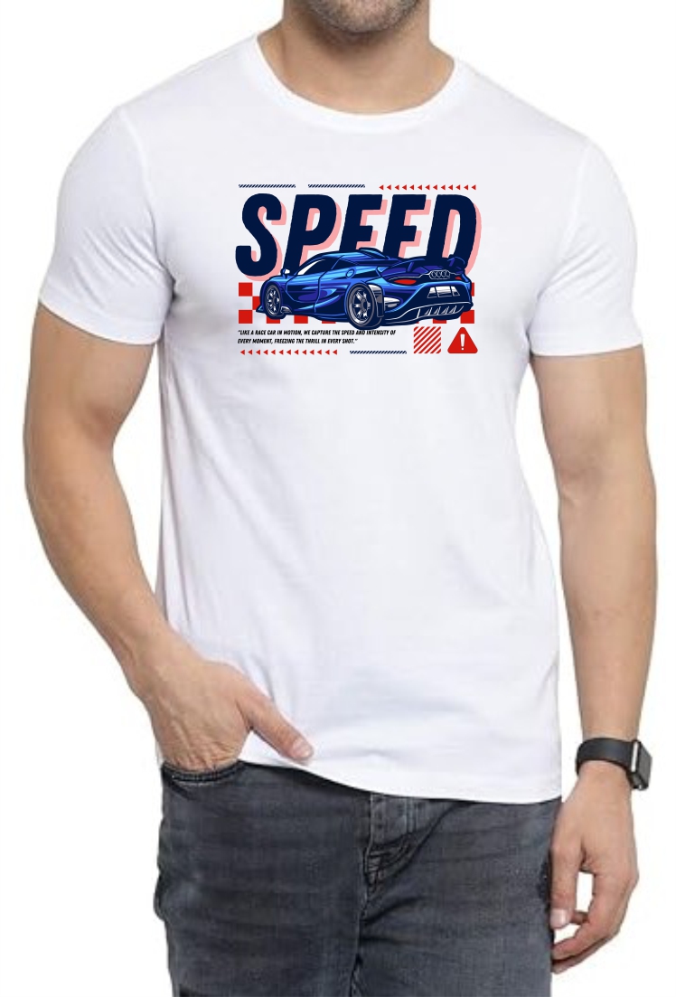Speed Round Neck Men White T-Shirt