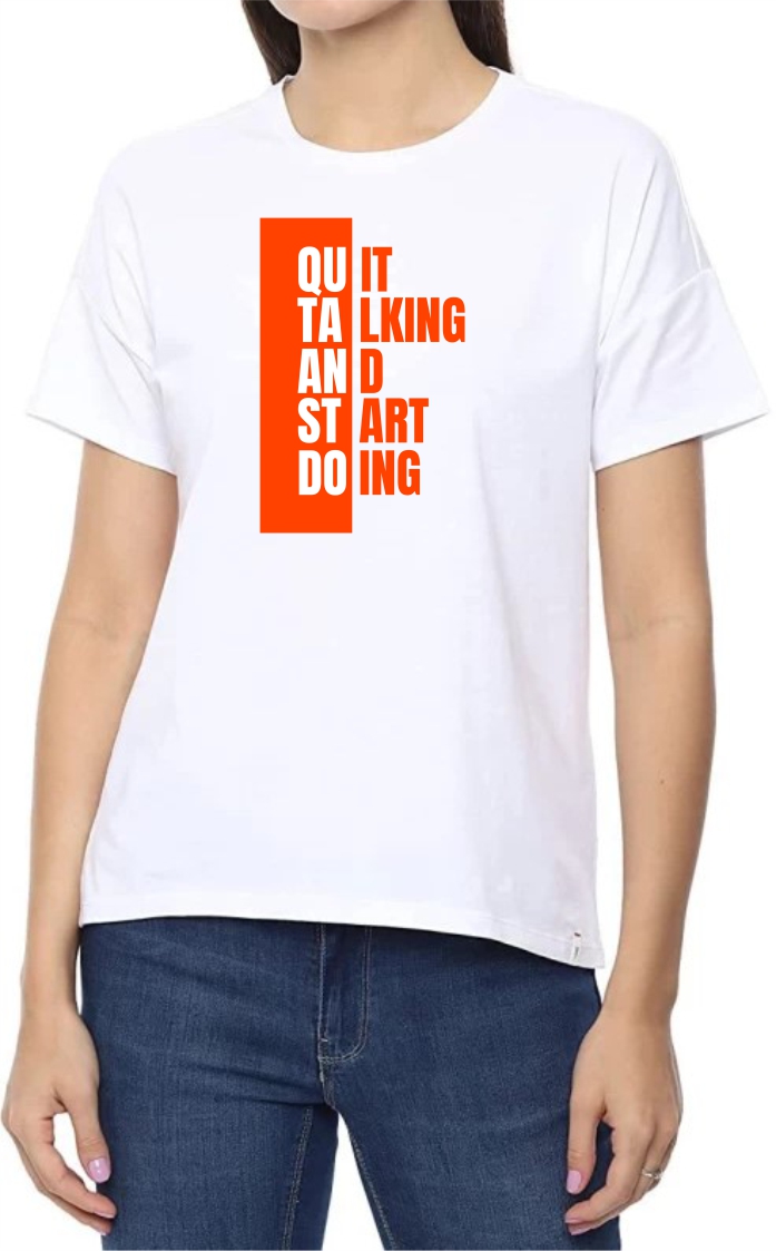 Start Doing (ORANGE) Round Neck Women White T-Shirt