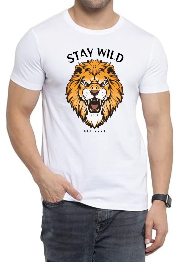 Stay Wild Round Neck Men White T-Shirt