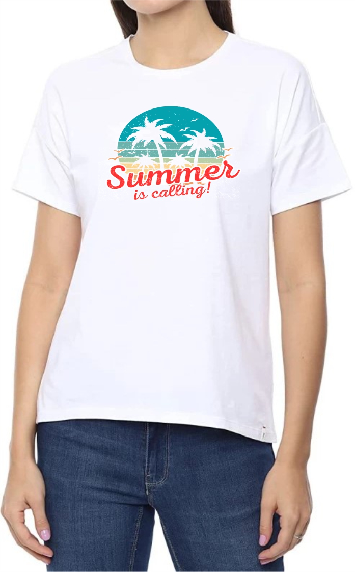 Summer Calling Round Neck Women White T-Shirt