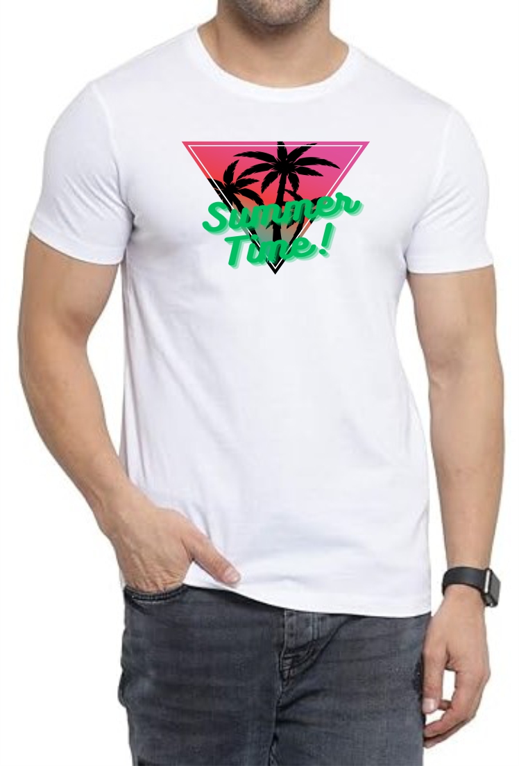 Summer Time Round Neck Men White T-Shirt