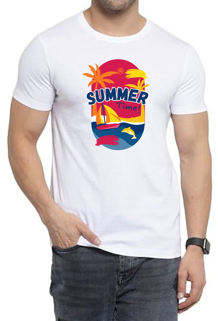 Summer Time Round Neck Men White T-Shirt